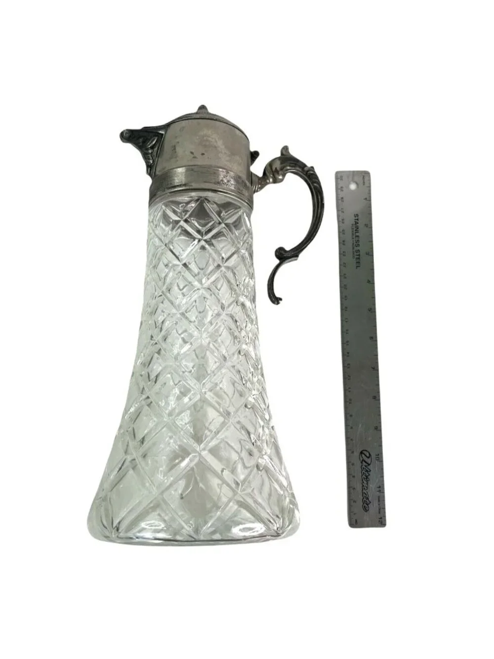 Vintage Glass Claret Carafe Pitcher Ewer Diamond Cut Silver Plate Lid Handle 14
